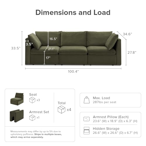 mopio Oversized Modular Sectional Sofa with Fully Removable Covers and Storage, Convertible U, L-Shaped and Sleeper Sectional, Modern Couches with Ottoman Chaise (Olive Green Velvet, 3 Seater) - color: [Gen 2] Olive Green Velvet, size: 3 Seater