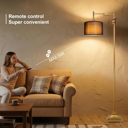 Scenekoy 68” Floor Lamp with Remote for Living Room Bedroom, Antique Gold | 350ºAdjustable Swing Arm Standing Lamp, Stepless Brightness, Black Shade, Decor for Reading House Home Office, Bulb Included - style: Antique Gold