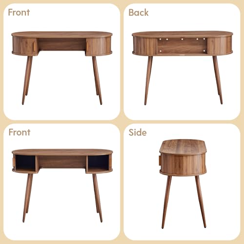 43" Wood Writing Desk, Laptop Desk with Storage, Vanity Table Study Desk | Mid-Century Writing Desk, Walnut Laptop Desk with Storage, Fluted Vanity Table Desk for Office, Bedroom, Study Room
