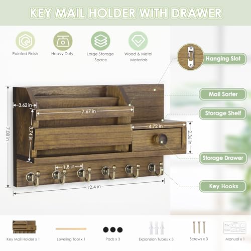 VIS'V Key Holder Wall Mount, Wooden Mail and Key Organizer, Brown | Contains Little Drawer, Small Shelf, 2 Slots, 6 Hooks, for Entryway, Hallway, Doorway, Kitchen, Garage, RV - color: Brown