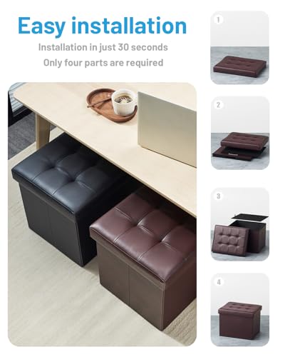 Bsketa Storage Ottoman Bench,17 Inch Folding Leather Foot Rest Stool, Brown | Small Ottoman with Side Pockets, Thicker Foam Padded Seat, Livingroom, Dorm, Bedroom, Easy to install, 43L,17x13x13in - color: Brown-1 Pack