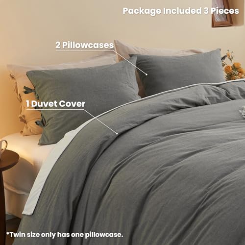 BISELINA 100% Washed Cotton Duvet Cover Set 3pcs with Bowknot Ties Strap Solid Color Linen Like Textured Durable Breathable Soft Comfy Chic Bedding (Oversized King, Dark Grey) - color: Dark Grey, size: Oversized King