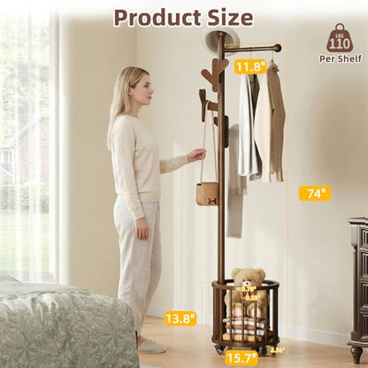 CozyDH Wooden Coat Rack Stand with Umbrella Holder and Wheels, Freestanding Hall Tree Coat Hanger with Multi Hooks, Heavy Duty Coat Tree for Entryway Bedroom Hallway Office, Walnut - color: Walnut, size: Round-15.7D×15.7W×72.8H