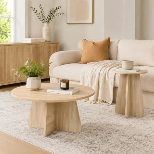 Nesting Coffee Table Set of 2, Round Wooden Coffee & Side Tables with Tapered Base, Natural Wood Finish, Modern Accent Furniture for Living Room Bedroom, Space-Saving Design - color: Natural Wood, size: Nesting Coffee Table Set