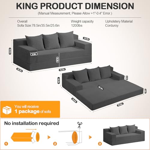 Erament 3 Seater Boneless Couch Sofa Bed, 78'' Corduroy Oversized Loveseat Folding Sofas Bed, Compression Convertible Futon Floor Couch Sofa Beds with 3 Pillows for Living Room Bedroom Apartment - color: Grey, size: 78''（King）