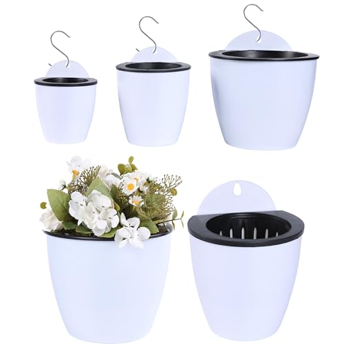 Self Watering Wall Mounted Planters | Set of 3 White Indoor/Outdoor Hanging Planter with Double Layer Design & Flat Backed for Mounting | Effortless Plant Care & Stylish Wall Pots.
