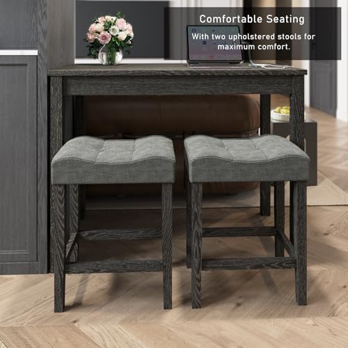allamazing 3-Piece Counter Height Bar Table Set with Socket and 2 Fabric Padded Bar Stools, Tall Kitchen Breakfast Dining Table Set with Stools (1+2 Black) - color: 1+2 Black