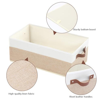 6 Pack Fabric Storage Bins, Large Storage Baskets for Shelves | Foldable Closet Organizer Storage Boxes with Leather Handles for Clothes, Sheets, Jeans, Toys, Books (Beige and White) - style: 6 Pack Beige & White