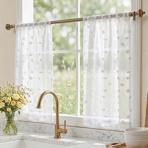 MYSKY HOME White Sheer Kitchen Curtains Over Sink 30 inch Length,2 Panels | Light Filtering Semi Sheer with Pom Pom,Short Tier Half Curtains for Cafe Small Window Decor, Rod Pocket,26Wx30L - color: 1-white, size: 26"W x 30"L (Pack of 2)