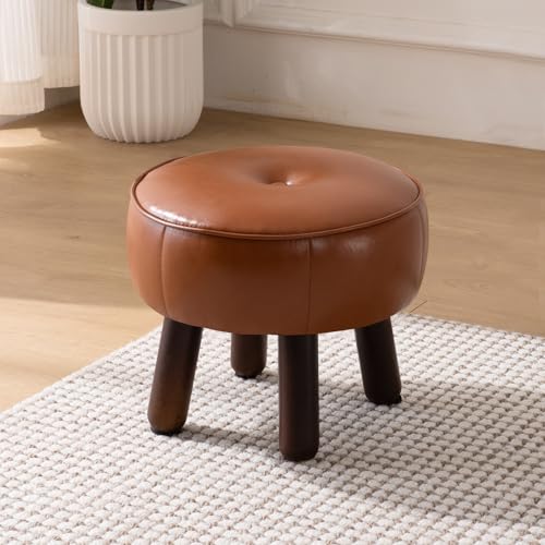 oakvivo Small Foot Stool, 13in Round Faux Leather Pouf Ottoman Foot Rest | Footstool Ottomans with Rubber Legs Under Desk, 13''L x 13''W x 10.2''H, Footrest for Couch, Living Room Bedroom, Brown - color: Brown