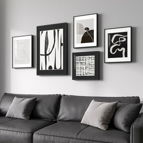 Framed Black and White Abstract Wall Art for Living Room, 5 Piece Modern Prints Paintings Artwork for Walls, Minimalist Black White Pictures for Hallway, Dining Room, Bedroom, Home Office Wall Decor - color: Minimalist