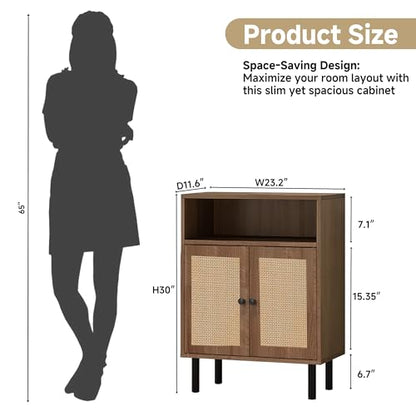 Rattan Storage Cabinet, Boho Accent Cabinet with Double Doors | Small Freestanding Sideboard for Hallway, Laundry Room,Kitchen, Dining Room, Entryway (Walnut) - color: Walnut
