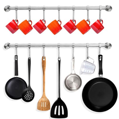 Mug Hanger Rods 16 Inch 2 pcs, 304 Stainless Steel Mug Organizer Tea Coffee Cups Hanging Holder With Sliding Hooks, for Wall Mounted or Under Cabinet, Hanging Rods Silver Chrome Screws Fixed (Silver)