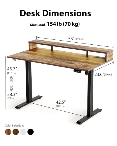 Agilestic 55*24 Inch Electric Standing Desk with Shelf & Led, Rustic Brown | Electric Height Adjustable, Outlets&Led, Monitor Stand, Sturdy Steel Frame, Memory Presets, Hooks, 154 lbs, Splice Board - color: Led-rustic Brown, size: 55 x 24 Inches with led