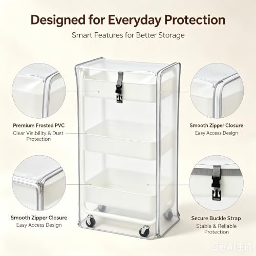 Utility Cart Cover Heavy Duty Dustproof Fits 17x13x31in Supply Cart | Frosted semi-transparent PVC cover keeps cart contents visible yet neat, moisture, and daily home clutter buildup - color: Frosted