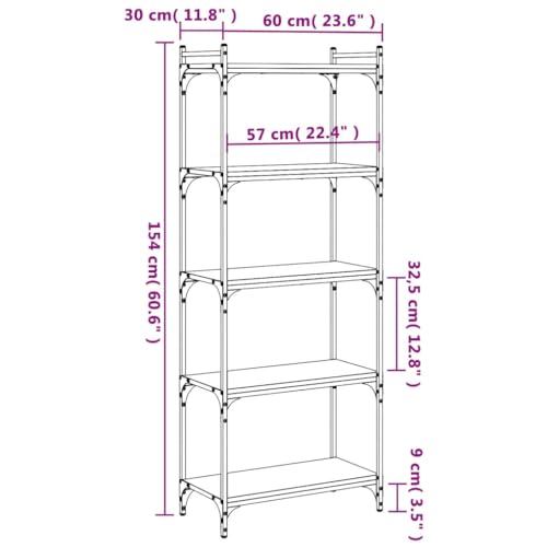 Black Engineered Wood Bookcase with Metal Frame 23.6x11.8x60.6 in, Durable Multi-Functional Standing Shelves for Living Room, Small Modern Book Shelves Organizer - color: Black/60.6", size: 23.6"