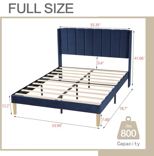 AGARTT Upholstered Platform Bed Frame Full Size, Blue Velvet | Headboard and Footboard/Wooden Slats Support/No Box Spring Needed/Easy Assembly - color: Blue Velvet, size: Full