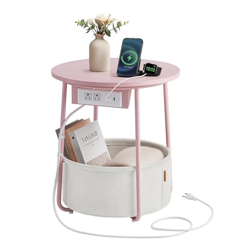VASAGLE LILEA Colection - Side Table with Charging Station, Round End Table with Fabric Basket, Nightstand with Power Outlets, USB Ports, Modern, Jelly Pink and Cream White ULET228R01 - color: Jelly Pink + Cream White, size: Without LED light