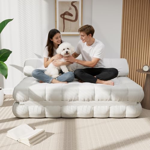 59.1" 3-in-1 Convertible Sofa Bed with Pillows - White, Full | Folding Loveseat Sleeper Chair, Portable Fold Out Boneless Couch Lounge, Comfy Velvet Floor Mattress for Living Room Bedroom - color: White, size: Full