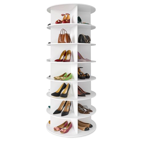 SpaceAid 7 Tier Rotating Shoe Rack Tower, Spinning Shoe Display Lazy Susan, Revolving 360 Shoe Rack Storage Round Carousel, Vertical Handbag Rotate Shoes Closet Organization (7-Tier White) - color: White, size: 7 Tier (23.2"W x 63"H)