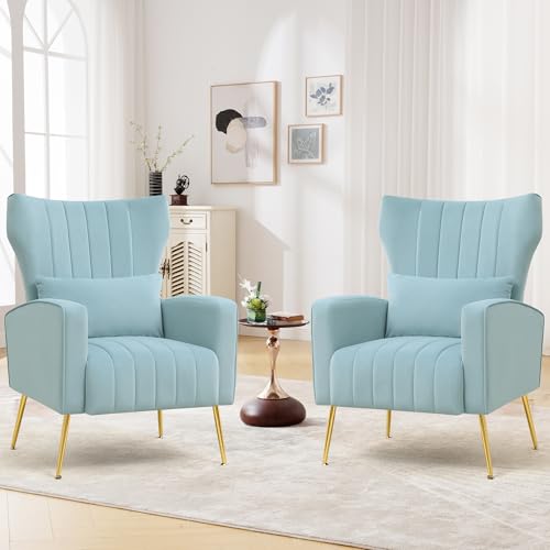 Modern Accent Chairs Set of 2 Upholstered Living Room Chairs,High Back Arm Chairs with Metal Legs Lumbar Reading Chair for Bedroom, Apartment, Small Spaces Sky Blue - color: Sky Blue, size: Set of 2