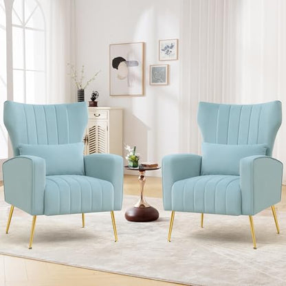 Modern Accent Chairs Set of 2 Upholstered Living Room Chairs,High Back Arm Chairs with Metal Legs Lumbar Reading Chair for Bedroom, Apartment, Small Spaces Sky Blue - color: Sky Blue, size: Set of 2