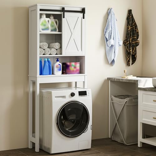 Xilingol Over The Toilet Storage Cabinet, Farmhouse Bathroom Storage Cabinet with Sliding Doors and Adjustable Shelf, Space-Saving Over Toilet Storage, White