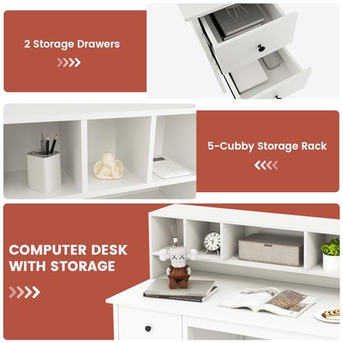 Tangkula White Desk with Drawers & Hutch, Modern Home Office Desk Writing Study Desk with Charging Station, Laptop Desk with 5 Storage Compartments, Computer Workstation Makeup Vanity Desk - color: White
