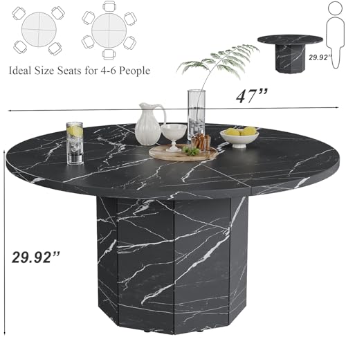HSH 47 Inch Round Dining Table for 4-6, Black Faux Marble Kitchen Table | Modern Wood Circle Kitchen Table for Home Living Room Wood and Metal Dining Room Table with Octagon Base - color: Black Faux Marble