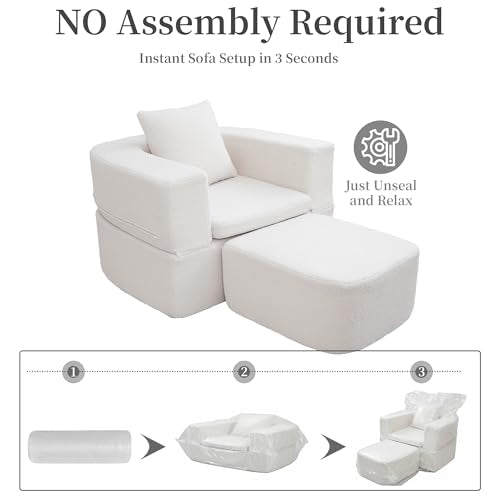 40" Pull Out Couch,2 in 1 Sleeper Sofa Bed,Convertible Sleeper Chair with Pillow Foldable Mattress with Back Support,Teddy Fleece,White - color: White