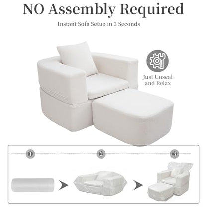40" Pull Out Couch,2 in 1 Sleeper Sofa Bed,Convertible Sleeper Chair with Pillow Foldable Mattress with Back Support,Teddy Fleece,White - color: White