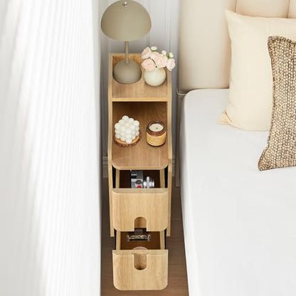 Small Nightstand Set of 2, Wood 2 Drawer Narrow Nightstand, Slim Side Table, Modern Skinny End Bedside Table, Natural Wood Night Stand with Drawers for Bedroom (Natural-2 pcs) - color: Natural-2 Pcs