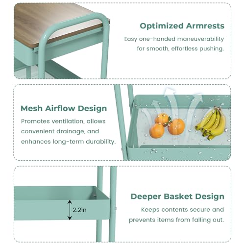 3 Tier Rolling Cart, All-in-One Art Cart Organizer on Wheels for Kitchen, Bathroom, Office, Laundry - color: Green