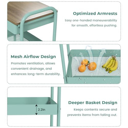 3 Tier Rolling Cart, All-in-One Art Cart Organizer on Wheels for Kitchen, Bathroom, Office, Laundry - color: Green