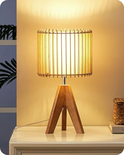 EDISHINE 14.17" Small Table Lamp, Wood-Colored Hollow Shade, E26 Base | Wood Tripod Bedside Lamp, Boho Nightstand Lamp for Bedroom, Living Room, Office, Study - color: Rosewood Color&Vertical Wood Slat Shade