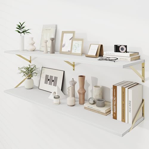 Dreamland Wall Mounted Floating Shelves Set of 2, 55x12, White&Gold | Engineered Wood, Visible Bracket, Large Storage, Hold Up to 80lbs, Living Room, Bathroom, Bedroom, Kitchen - color: White&gold, size: 55"W x 12"D