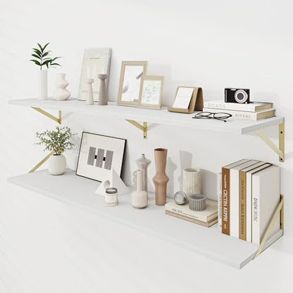 Dreamland Wall Mounted Floating Shelves Set of 2, 55x12, White&Gold | Engineered Wood, Visible Bracket, Large Storage, Hold Up to 80lbs, Living Room, Bathroom, Bedroom, Kitchen - color: White&gold, size: 55"W x 12"D