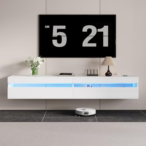 Solid Wood Floating TV Stand-Wall Mounted TV Shelf with Led Lights & Power Outlet, 71" Modern Entertainment Center Media Console with Storage, High Gloss TV Cabinet for 65/75/80 inch TV,White - color: Snow White