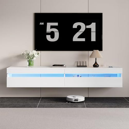 Solid Wood Floating TV Stand-Wall Mounted TV Shelf with Led Lights & Power Outlet, 71" Modern Entertainment Center Media Console with Storage, High Gloss TV Cabinet for 65/75/80 inch TV,White - color: Snow White