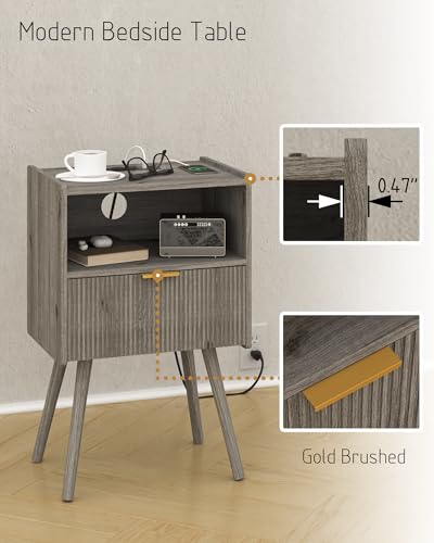 Nightstand with Outlet,Modern Bedside Table with Storage Drawer and Open Wood Shelf, for Living Room, Bedroom and Small Spaces, Accent Night Stand with Solid Wood Legs, Easy Assembly,Grey Oak - color: Grey Oak-outlet
