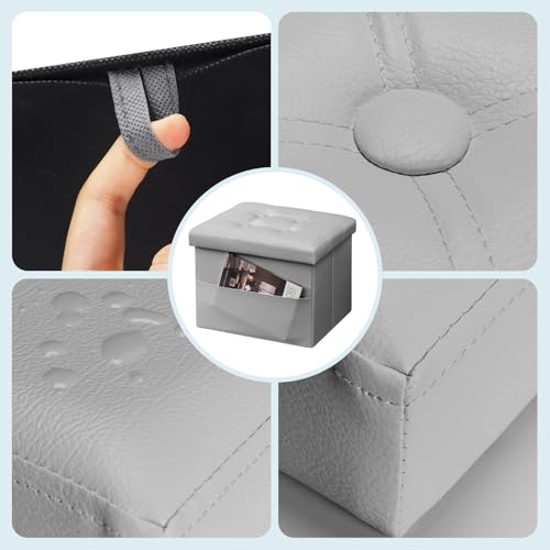 Bsketa Storage Ottoman Bench,17 Inch Folding Leather Foot Rest Stool, Grey | Small Ottoman with Side Pockets, Thicker Foam Padded Seat, Livingroom, Dorm, Bedroom, Easy to install, 43L,17x13x13in - color: Grey-with Side Pockets.
