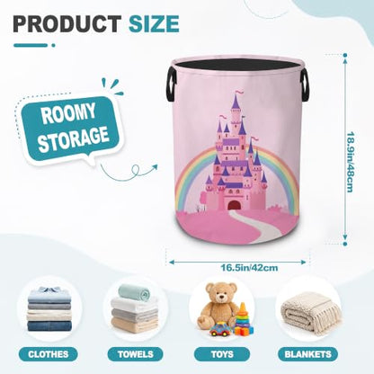 Princess Castle Dirty Clothes Hamper,Foldable Laundry Basket with Handles,Pink Rainbow Waterproof Oxford Cloth Storage Bin for Bedroom Bathroom Nursery,16 x 20 Inch - color: Princess Castle,Pink Rainbow