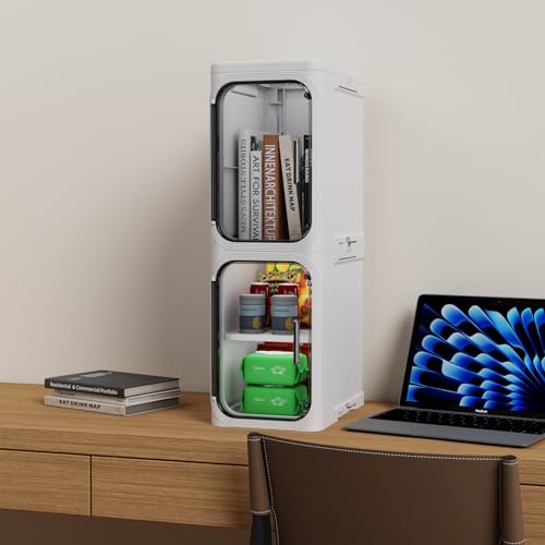 Slim Bathroom Storage Cabinet with Magnetic Clear Doors, Foldable Narrow Storage Organizer with Wheels, No-Tool Assembly Plastic Skinny Cabinet for Small Spaces, Kitchen, Laundry - color: White, size: 2-Tiers