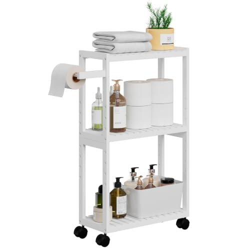 RRX Bamboo Rolling Cart, Slim 3-Tier Standing Shelf Units on Wheels(White) | Bamboo Shelves Utility, Storage Corner Shelf Cabinet for Narrow Space, Toilet Paper Organizer for Bathroom, Kitchen - color: White