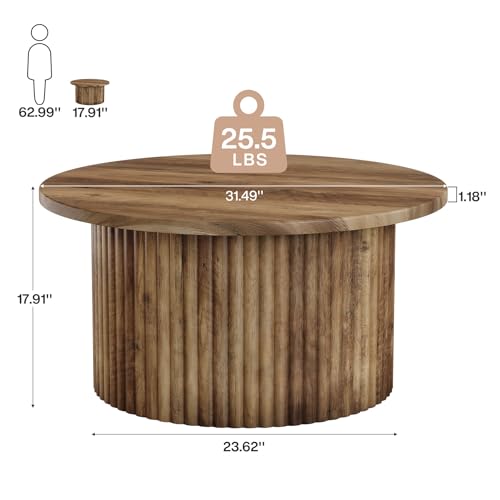 Tribesigns Round Coffee Table, 31.5" Farmhouse Circle Center Table with Fluted Drum Base & Wooden Grain Veneer Top, Modern Wooden Accent Cocktail Table for Small Space, Living Room, Apartment