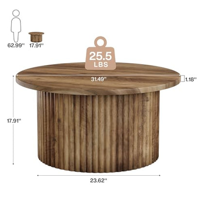 Tribesigns Round Coffee Table, 31.5" Farmhouse Circle Center Table with Fluted Drum Base & Wooden Grain Veneer Top, Modern Wooden Accent Cocktail Table for Small Space, Living Room, Apartment