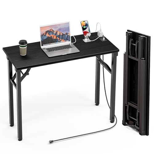 TEMI Small Computer Desk Folding Table - No Assembly, Compact 35.8" Foldable Desk with Power Outlets & USB Charging Port, Portable Small Office Desk, Ideal Mini Study Table, Dark Oak - color: Dark Oak, size: 35.8 Inch, style: With Power Outlets