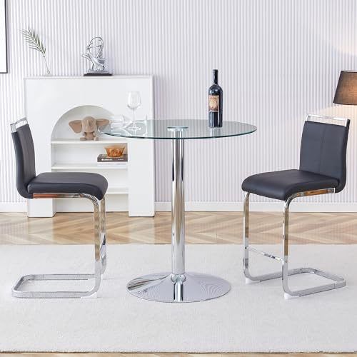 Bar Table and Chairs Set of 2,Round Counter Height Dining Table Set,35” Glass Round Bar Table Set with Black Bar Stools,Sturdy Silver Chrome Base,Small Pub Table Set for Apartment,Kitchen(36"H - color: Silver&black