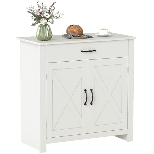 HOMCOM Farmhouse Sideboard Buffet Cabinet Barn Door White Wash | Coffee Bar Cabinet, Drawer, Adjustable Shelf, Kitchen, Living Room, Entryway - color: White Wash