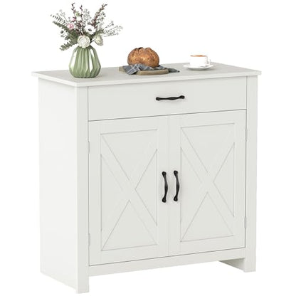 HOMCOM Farmhouse Sideboard Buffet Cabinet Barn Door White Wash | Coffee Bar Cabinet, Drawer, Adjustable Shelf, Kitchen, Living Room, Entryway - color: White Wash